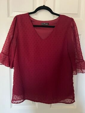 Wine Red V-Neck Dot Chiffon Blouse